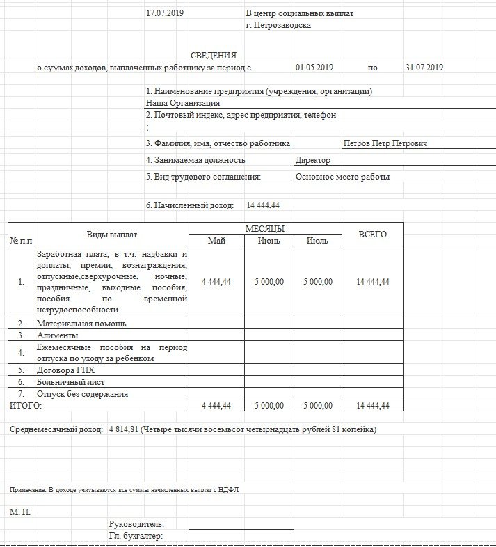 Образец справки за 3 месяца