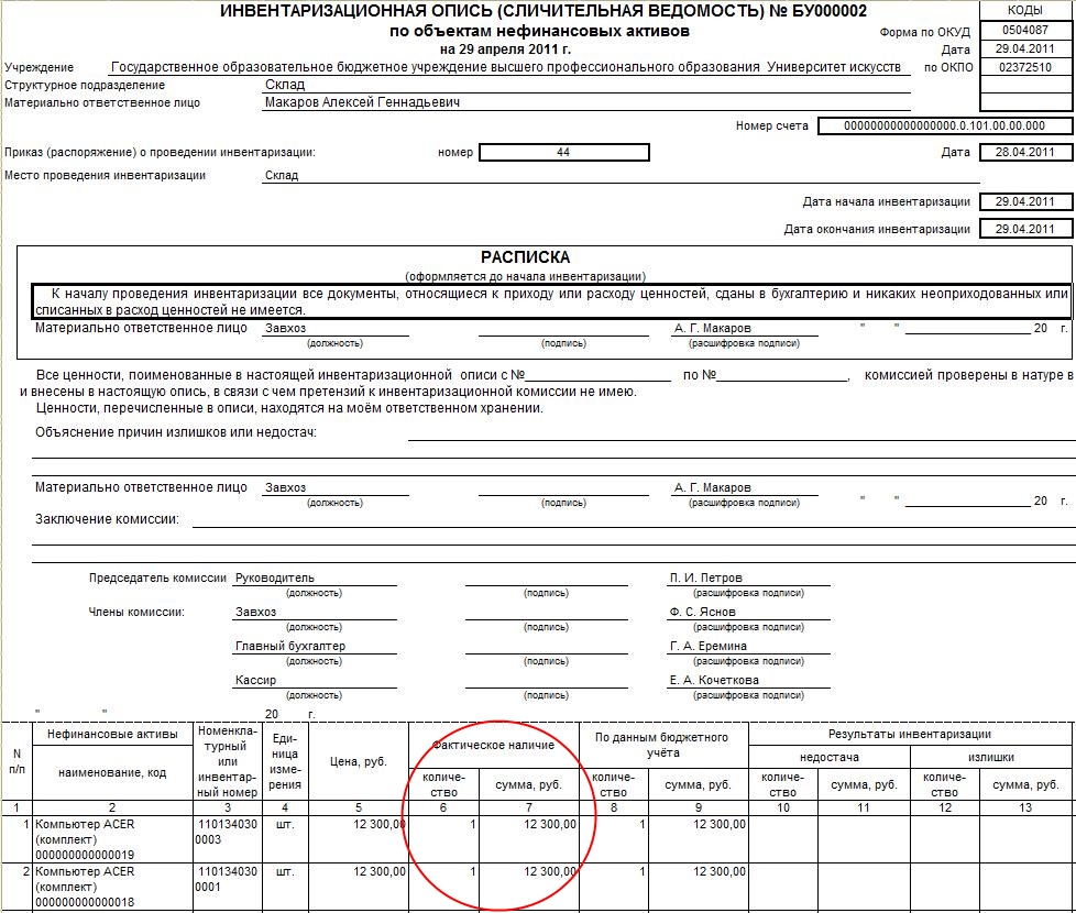 Инвентаризационная опись образец